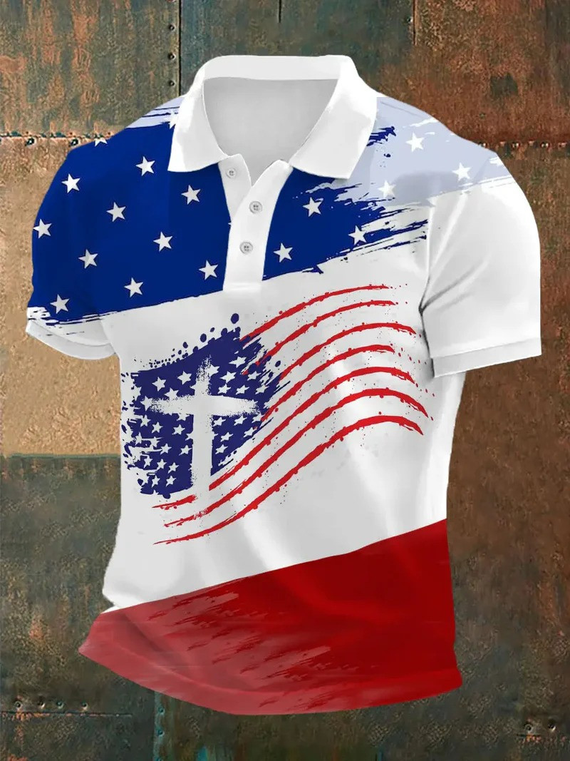 American Flag Cross Polo Shirt Patriotic Christian Faith Apparel In God We Trust Gift For Supporters