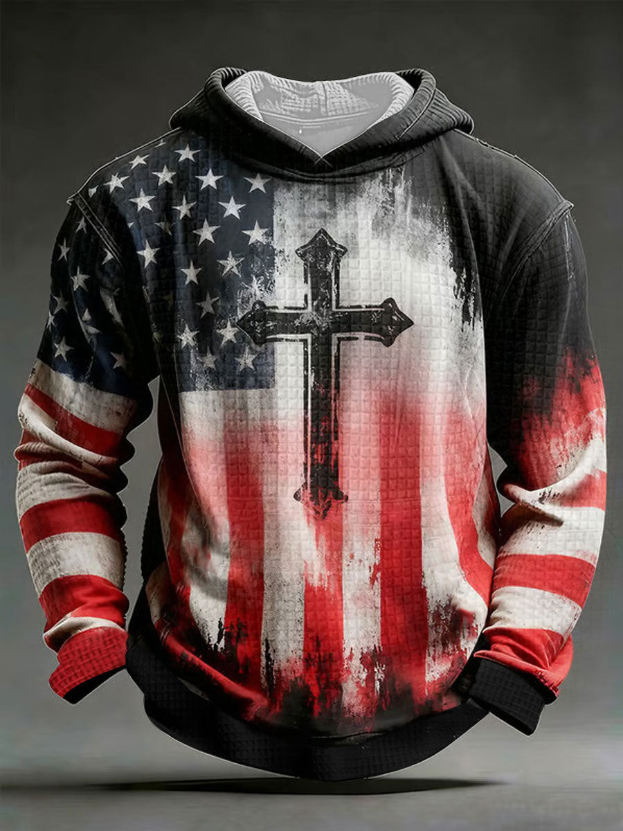 American Flag Cross Waffle Hoodie Bible Verse Faith Clothing Men's Christian Faith Gift