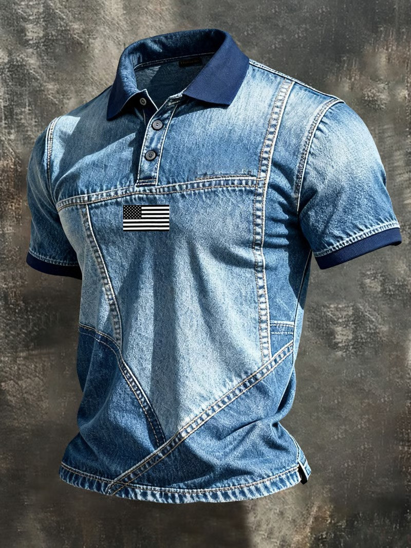 American Flag Denim Polo Shirt USA Patriotic Vintage Style Clothing Veterans Day Best Gift Ideas