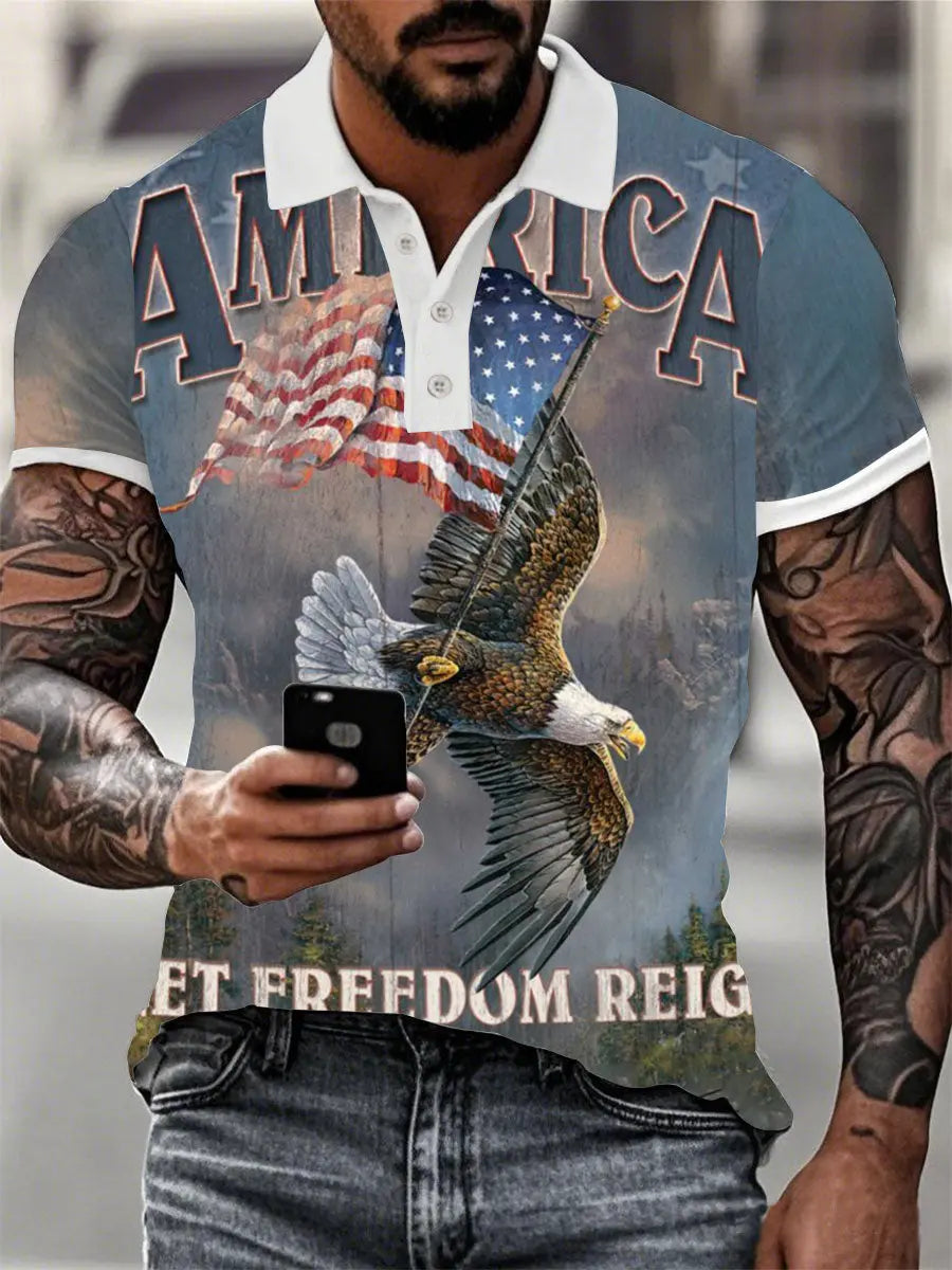 American Flag Eagle Polo Shirt Patriotic Gift for USA Supporters Let Freedom Reign