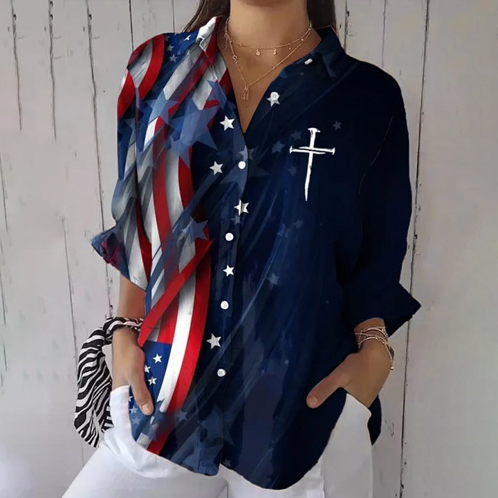 American Flag Faith Cross Button Long Sleeve Shirt Independence Day Clothing