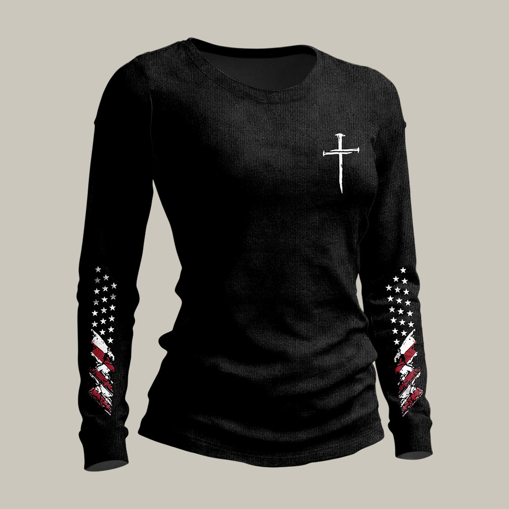 American Flag Faith Cross Long Sleeve Shirt 4th Of July Outfit Ideas Patriotic Wife Gift