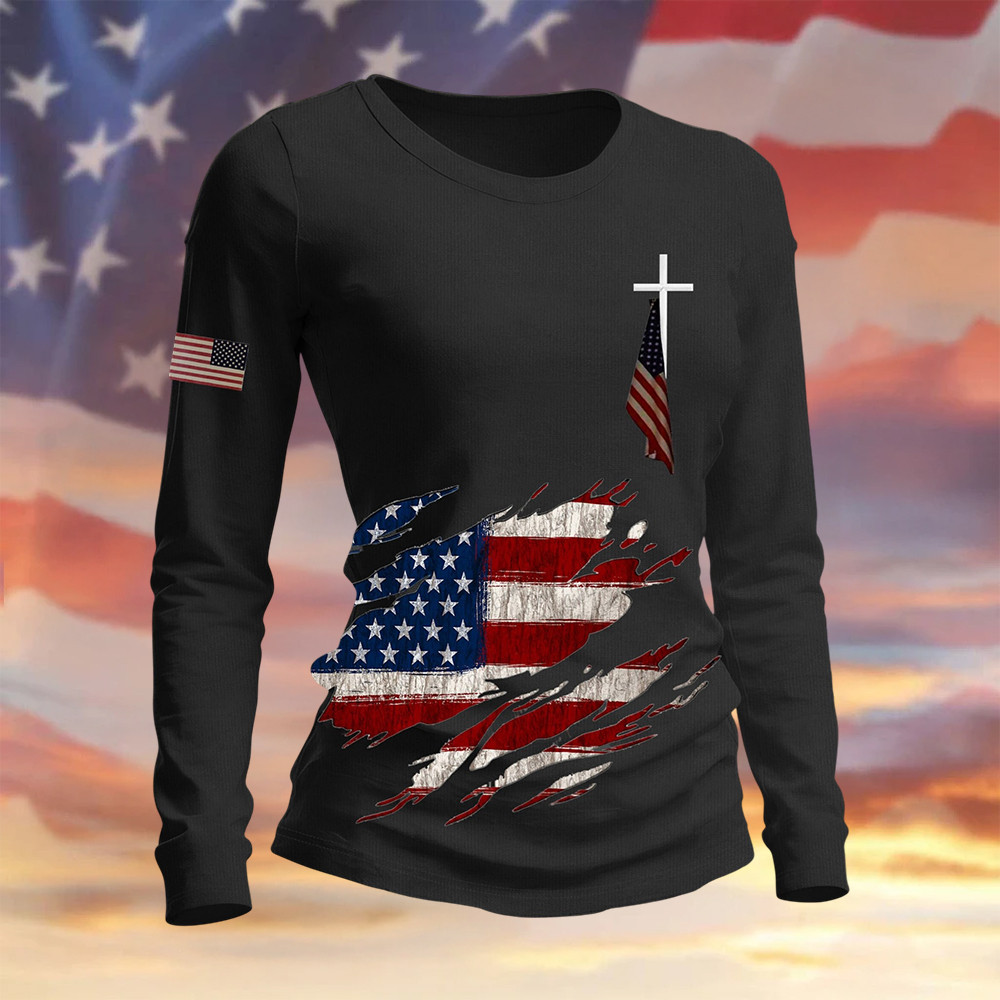 American Flag Faith Cross Long Sleeve Shirt Fourth Of July Merch Gift For Patriots