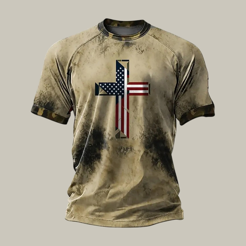 American Flag Faith Cross Viintage T-Shirt Faith Over Fear Shirt Christian Gift For Dad
