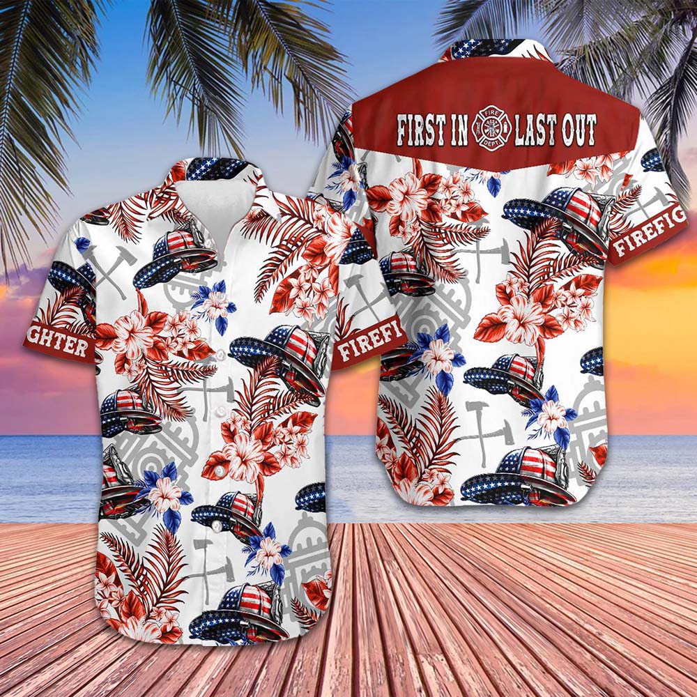 American Flag Firefighter Helmet Pattern Hawaiian Shirt First In Last Out Firefighter Shirt Men American Flag Firefighter Helmet Pattern Hawaiian Shirt First In Last Out Firefighter Shirt Men