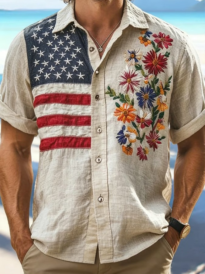 American Flag Floral Button Shirt USA Patriotic Wildflower Beach Clothing Gift For Dad