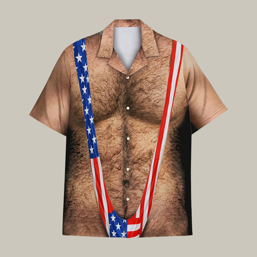 American Flag Funny Hawaiian Shirt Patriotic Chest Hair Illusion Aloha Shirt Humorous Gift For Father