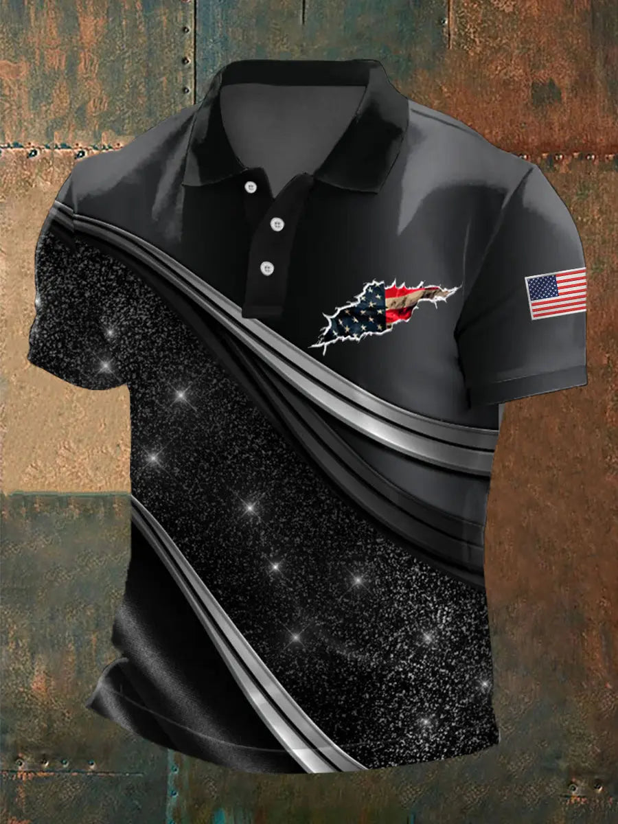 American Flag Geometric Print Polo Shirt Patriotic Gift for USA Supporters Casual Wear