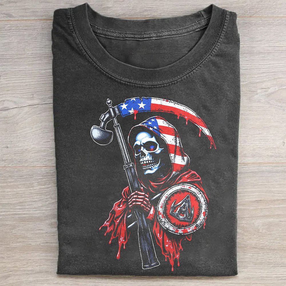 American Flag Grim Reaper T-Shirt Dark Patriotic Skull Graphic Tee For Men
