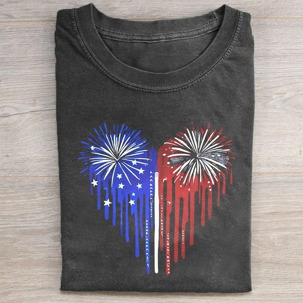 American Flag Heart Fireworks Graphic T-Shirt USA Pride Tee For Women On Independence Day