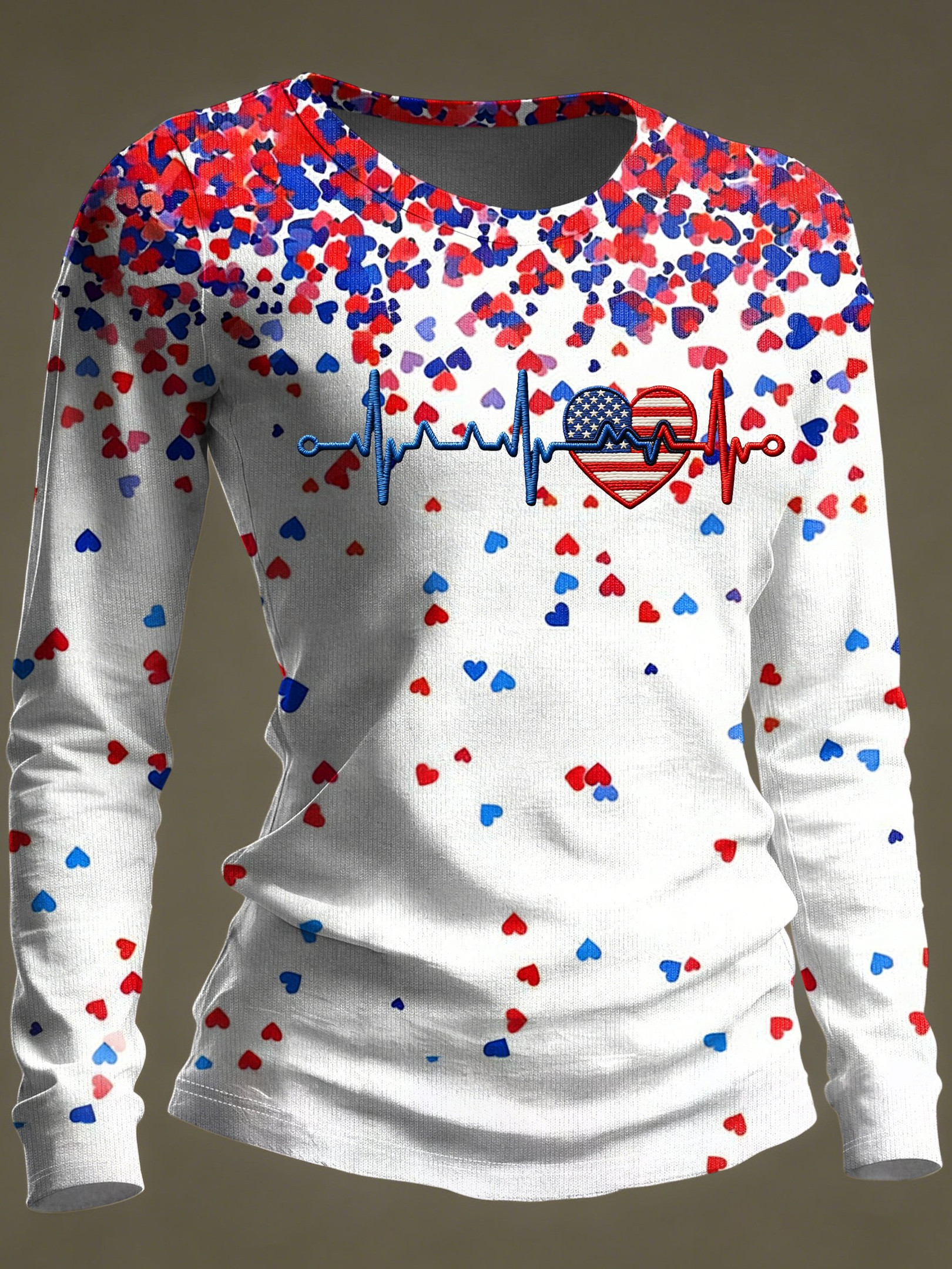 American Flag Heart Heartbeat Long Sleeve Shirt America's 250 Birthday Merchandise