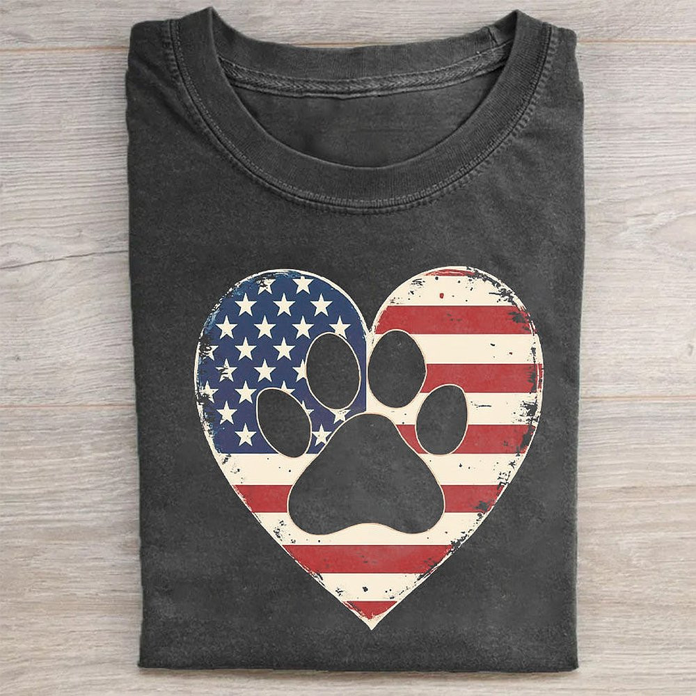 American Flag Heart Paw Print T-Shirt Dog Mom Dad Patriotic Tee For Pet Lovers