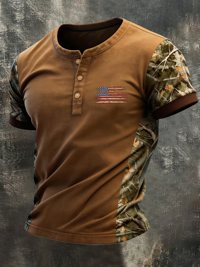 American Flag Hunting Leaf Camo Henley T-Shirt USA Patriotic Outdoor Military Best Gift For Dad