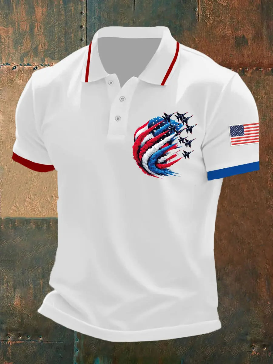 American Flag Jet Planes Polo Shirt Patriotic Gift for Independence Day Enthusiasts