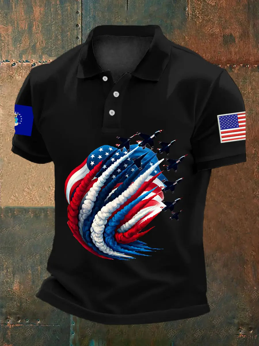 American Flag Jet Planes Polo Shirt Patriotic Gift for Independence Day Fans