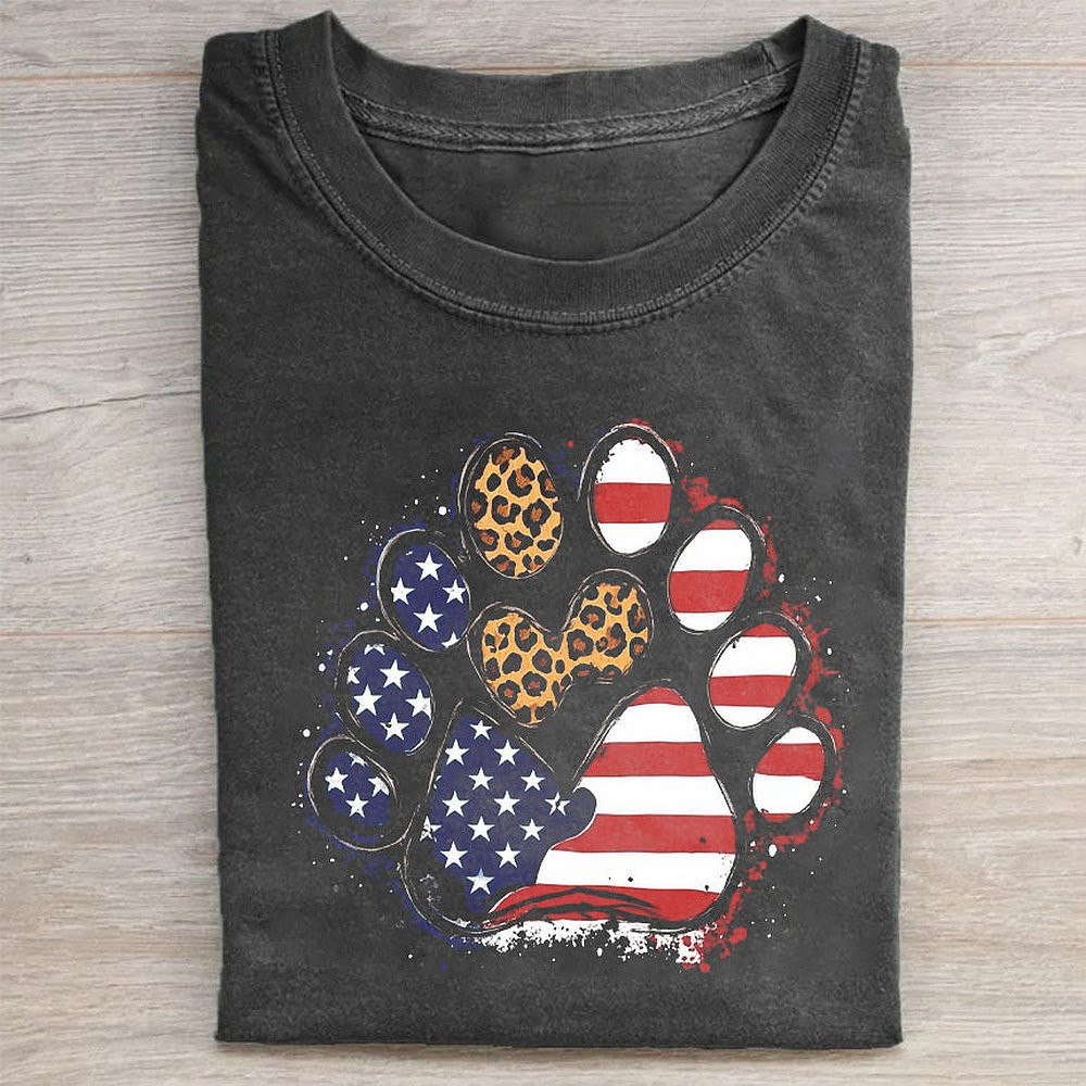 American Flag Leopard Print Paw Print T-Shirt Trendy Patriotic Tee For Women Who Love Dogs