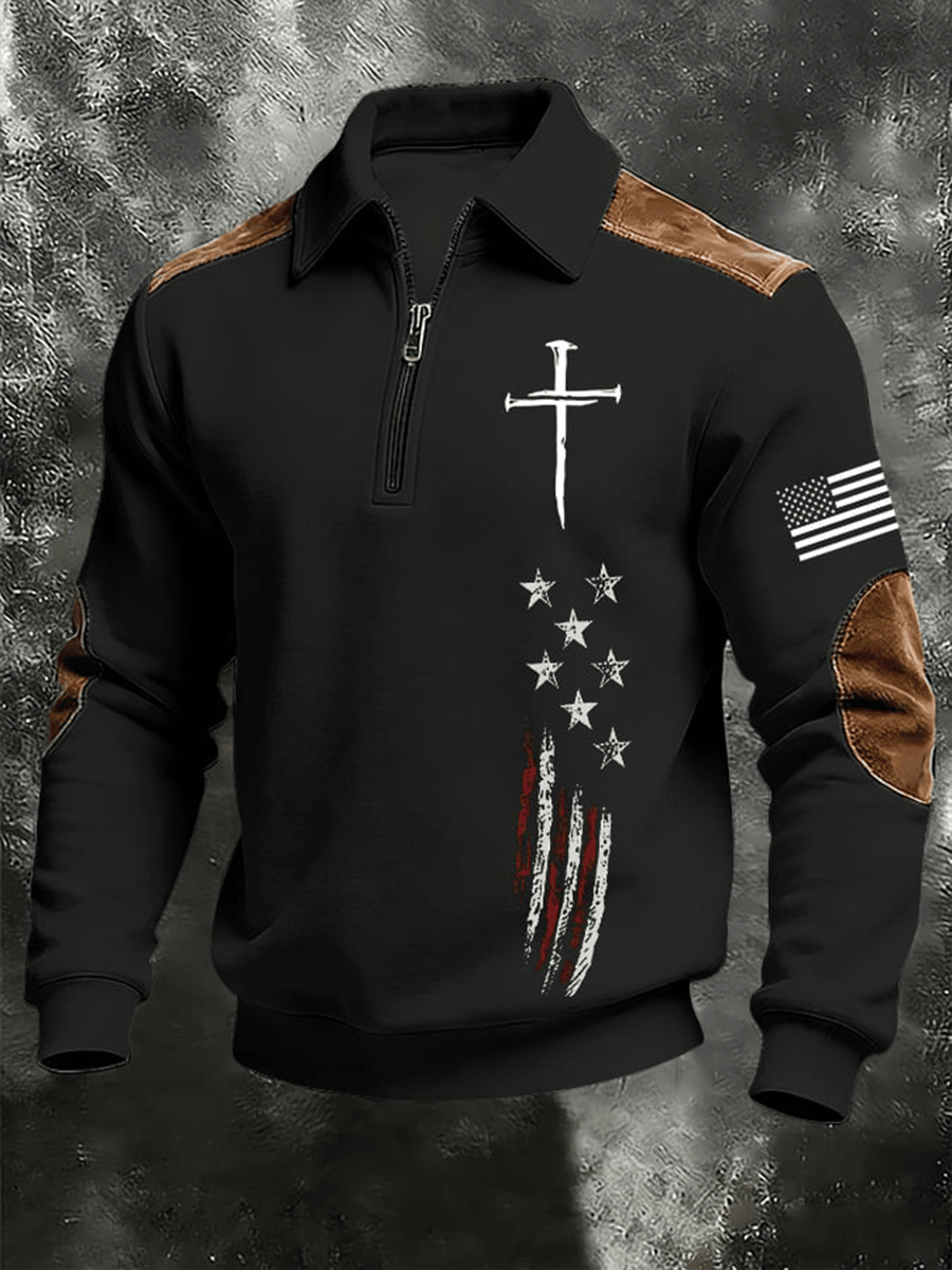 American Flag Logo Faith Cross Zip Polo Long Sleeve Shirt Fourth Of July Apparel Faith Gift Ideas
