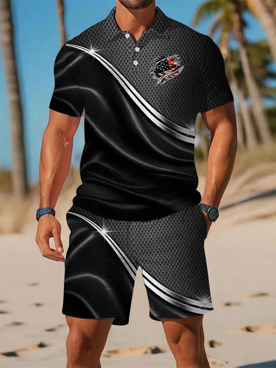 American Flag Men's Polo Shirt and Shorts Set Patriotic Gift Casual Wear for Independence Day