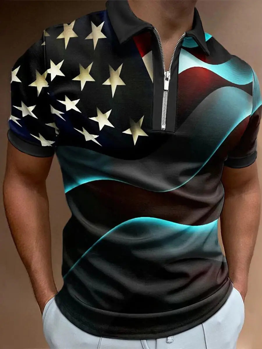 American Flag Men's Short Sleeve Zip Polo Shirt Patriotic Gift for Independence Day