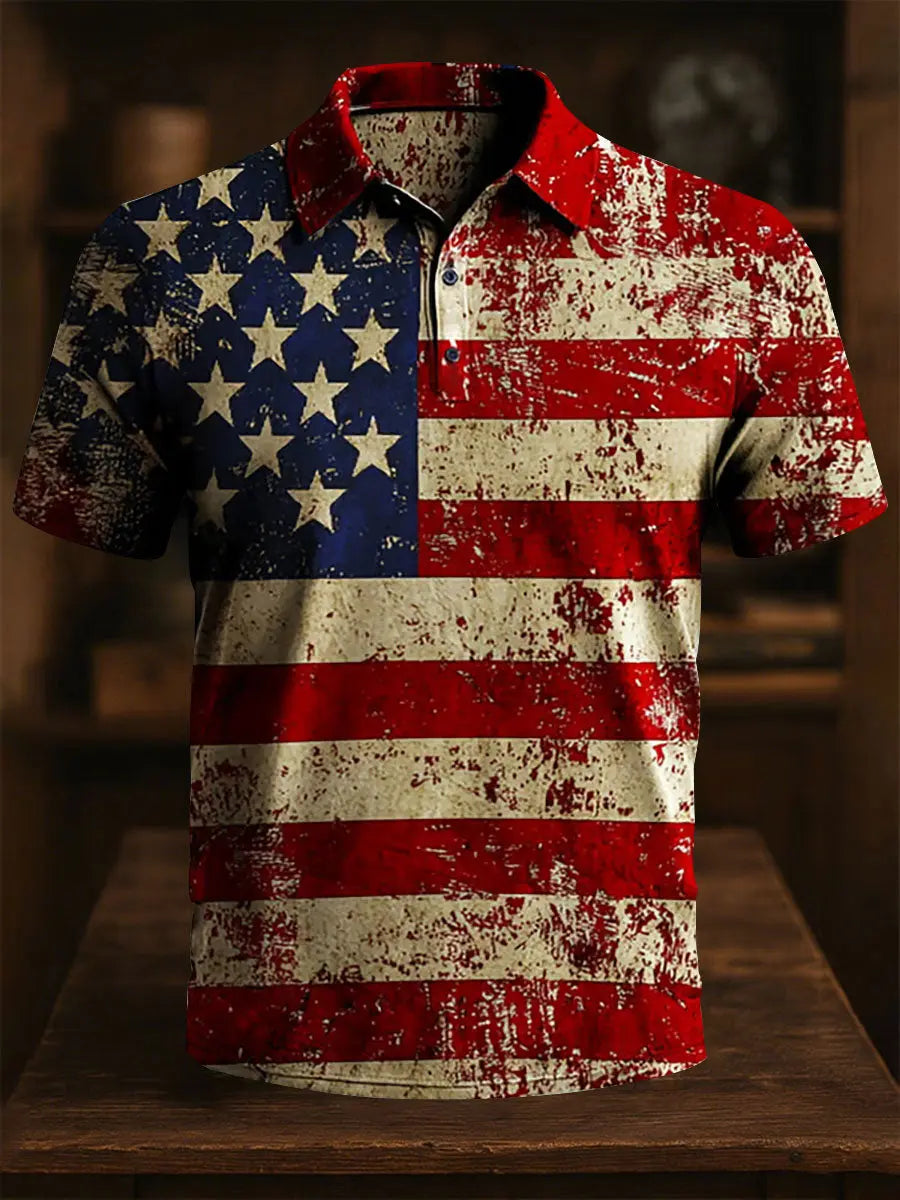 American Flag Patriotic Polo Shirt for Men Casual Button Down Gift for USA Supporters