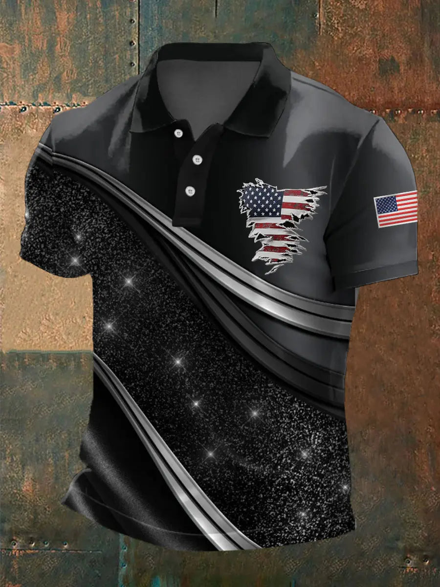 American Flag Polo Shirt Artistic Geometric Design Casual Wear Patriotic Gift for Men