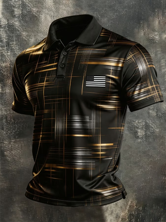 American Flag Polo Shirt Gold Abstract Luxury USA Patriotic Clothing Veterans Day Best Gift Ideas