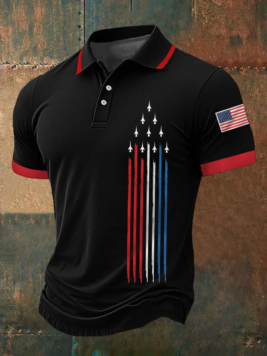 American Flag Polo Shirt Jet Plane Design Patriotic Gift for Independence Day
