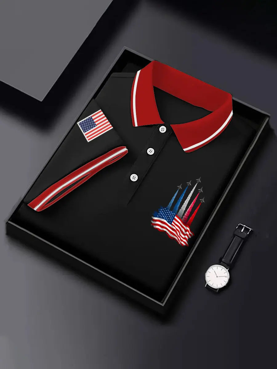 American Flag Polo Shirt Patriotic Gift for Independence Day Fans Casual Men's Top