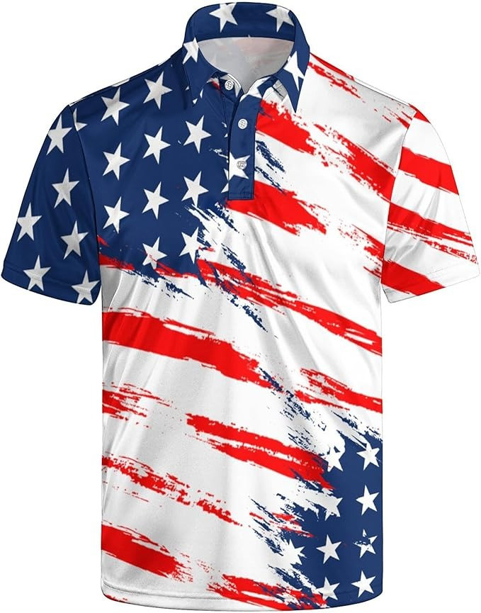 American Flag Polo Shirt Patriotic Red White And Blue Distressed USA Collared Tee For Men