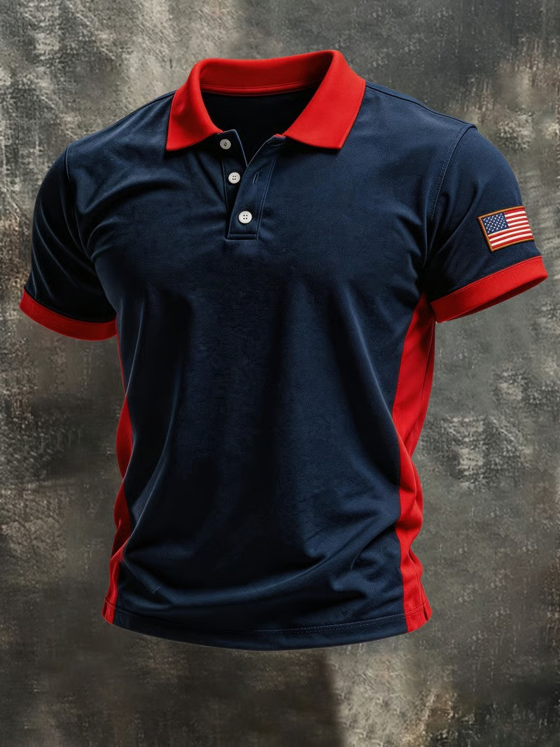 American Flag Polo Shirt USA Patriotic Colorblock Clothing Veterans Day Best Gift For Men