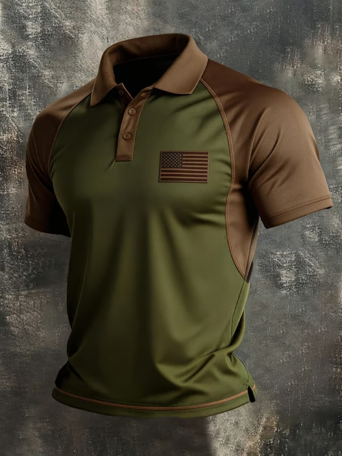 American Flag Polo Shirt USA Patriotic Military Olive Tan Clothing Veterans Day Best Gift For Dad