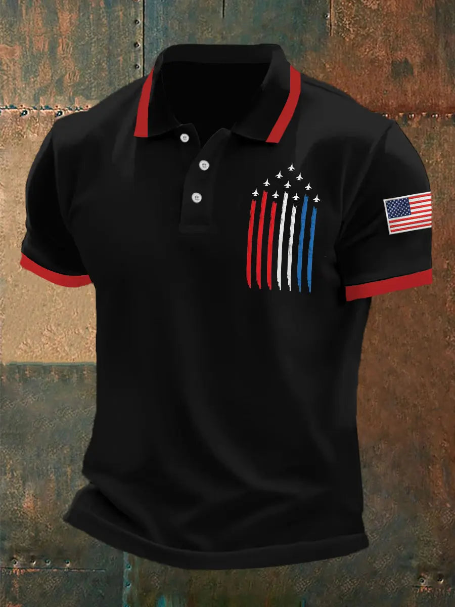 American Flag Polo Shirt with Jet Plane Print Patriotic Gift for Independence Day Fans
