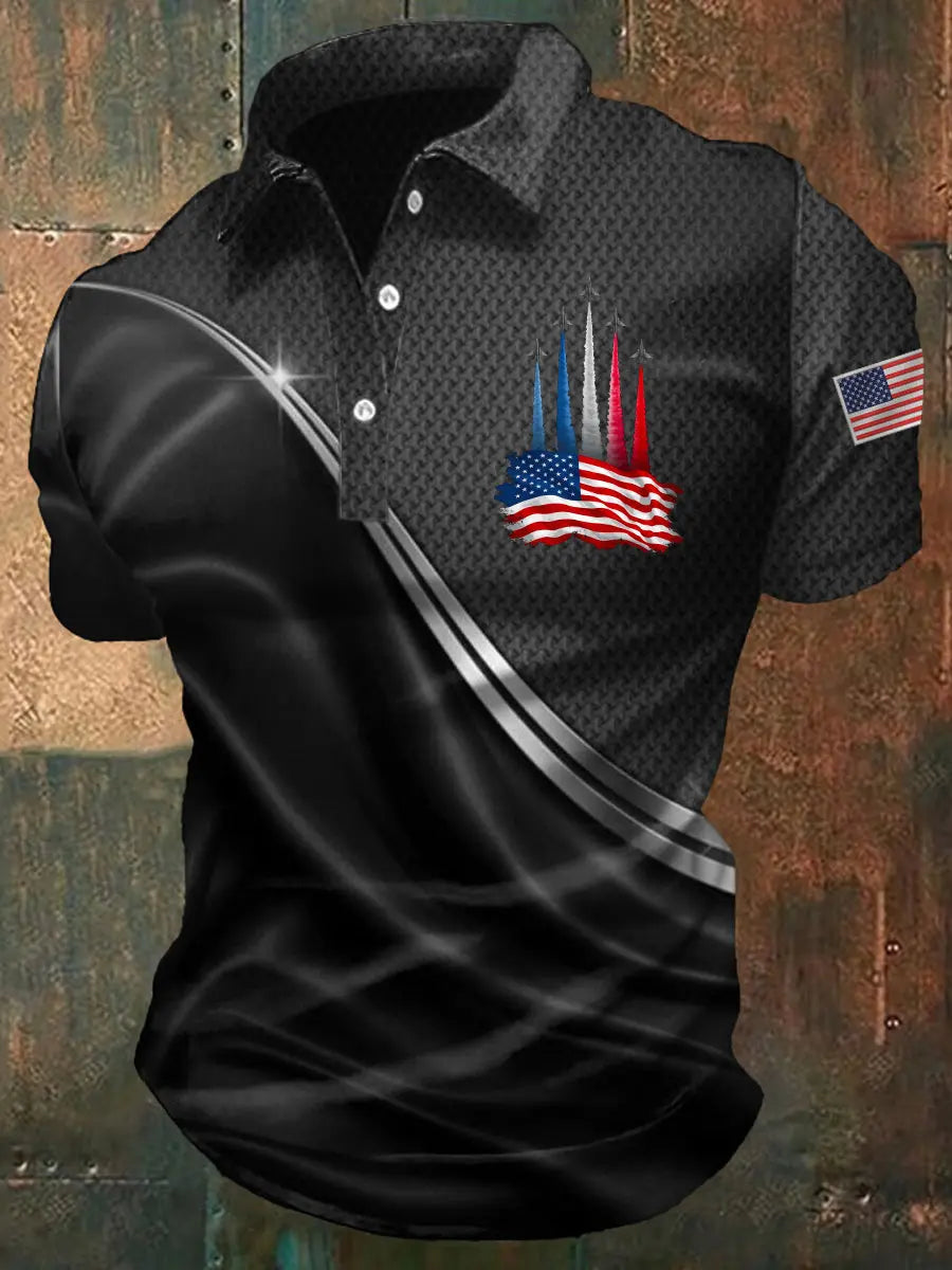 American Flag Polo Shirt with Jet Planes Patriotic Gift for Independence Day Fans