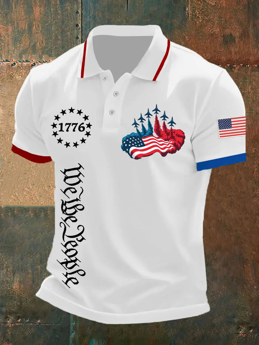 American Flag Polo Shirt with Jet Planes Print Gift for Patriotic Fans 1776 Independence Day