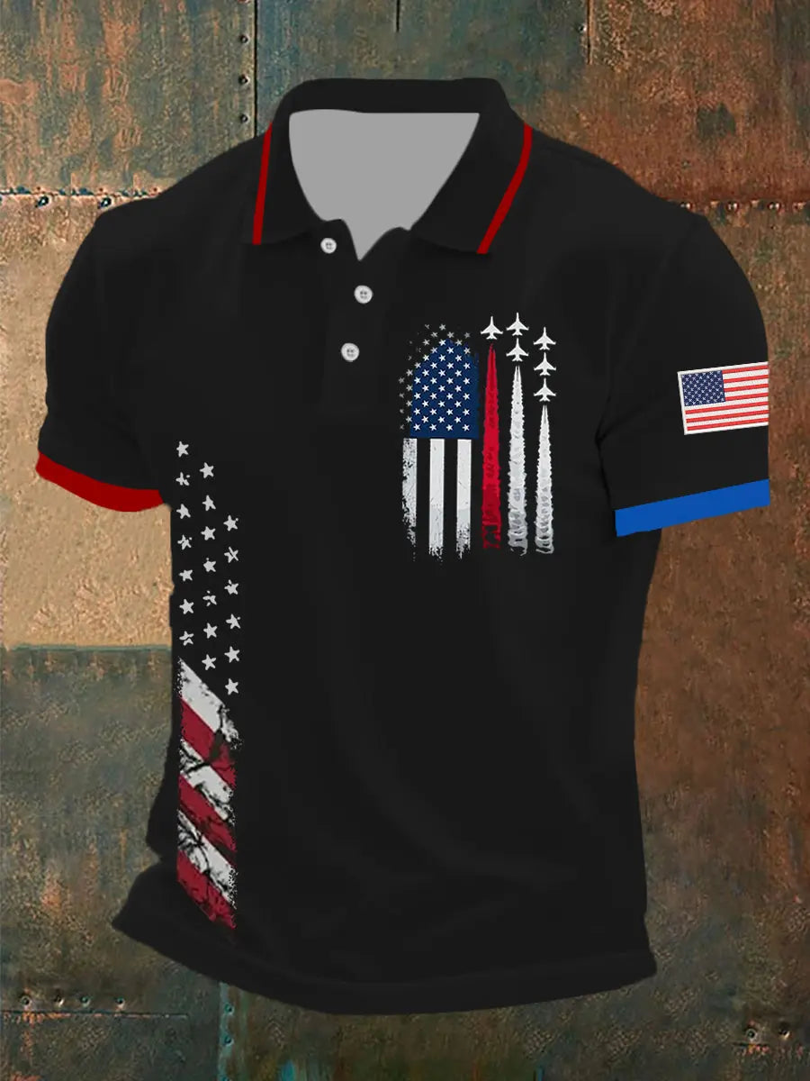 American Flag Polo Shirt with Jet Planes Print Patriotic Gift for Independence Day Enthusiasts
