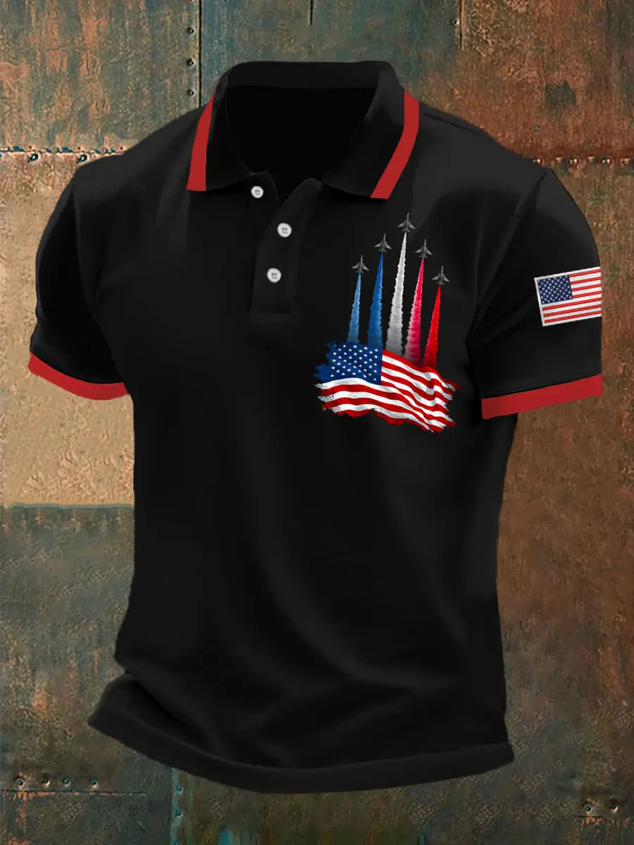 American Flag Polo Shirt with Jet Planes Print Patriotic Gift for Independence Day Fans
