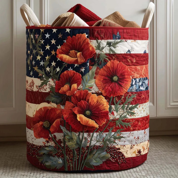 American Flag Poppy Quilted Laundry Basket Patriotic Floral Home Decor Best Gift For True Patriots