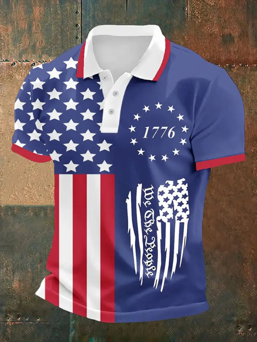 American Flag Print Henley Collar Polo Shirt Patriotic Gift for USA Pride Supporters