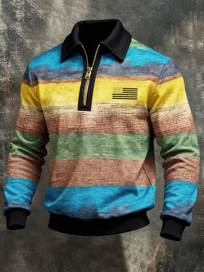 American Flag Rainbow Zip Polo Long Sleeve Shirt Patriotic Outfits Gifts For Husband