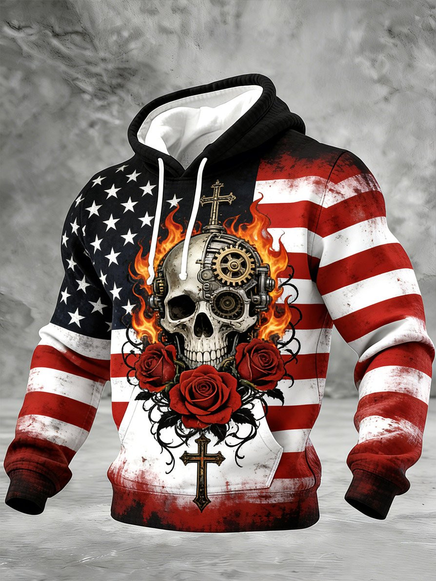 American Flag Skull Cross Waffle Hoodie Patriotic USA Faith Pullover Gift For Men