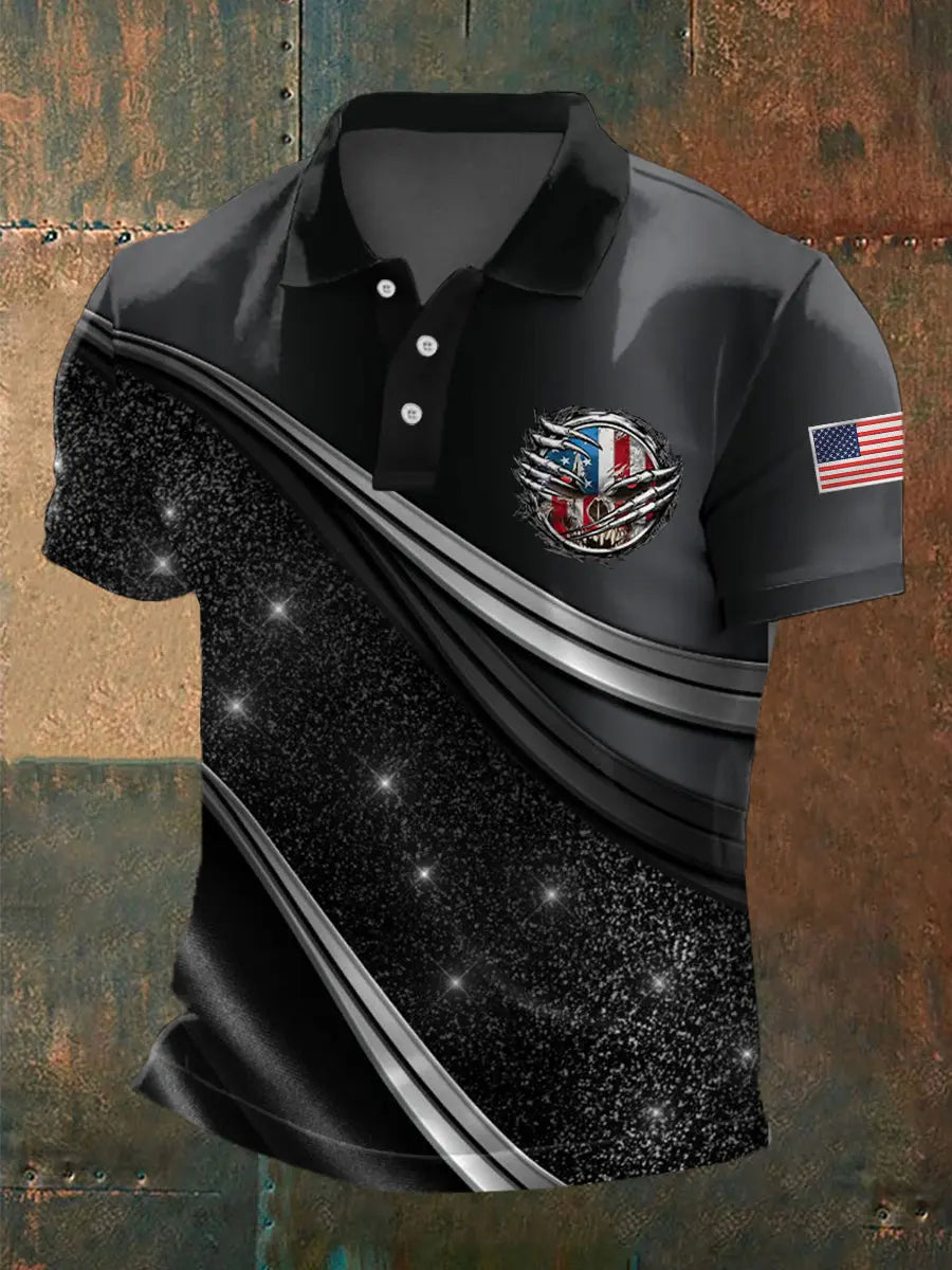 American Flag Skull Polo Shirt Patriotic Gift for Men Geometric Art Casual Wear