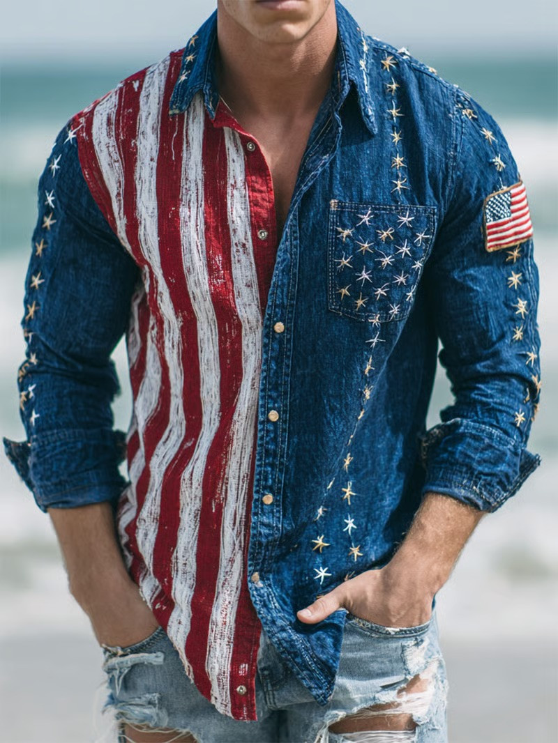 American Flag Star Denim Button Up Long Sleeve Shirt Patriotic Outfit Best 4th Of July Gift For All Friends