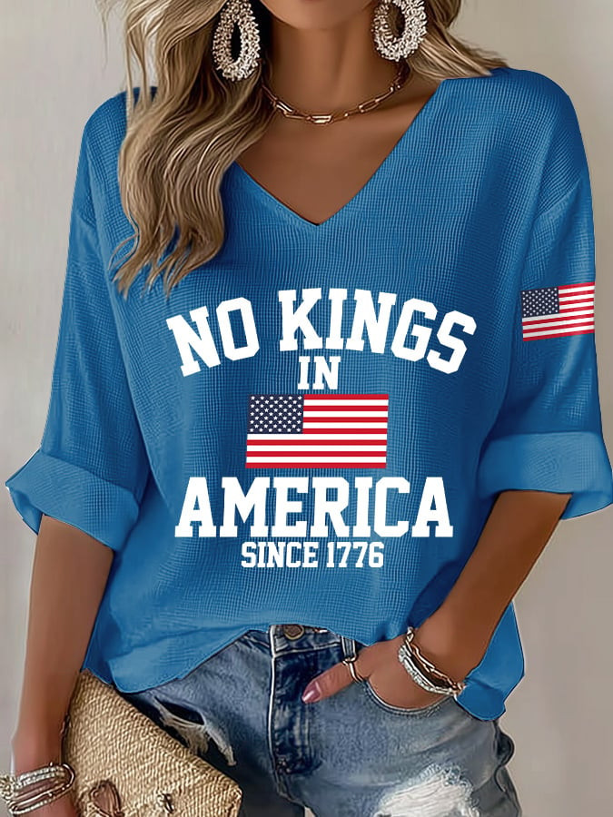 American Flag V-Neck Shirt No Kings In America Since 1776 Clothing Gift For Anti Trump