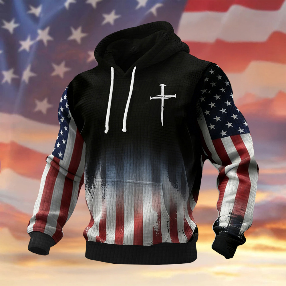 American Flag Vinatge Faith Cross Hoodie Fourth Of July Apparel Anniversary Gift
