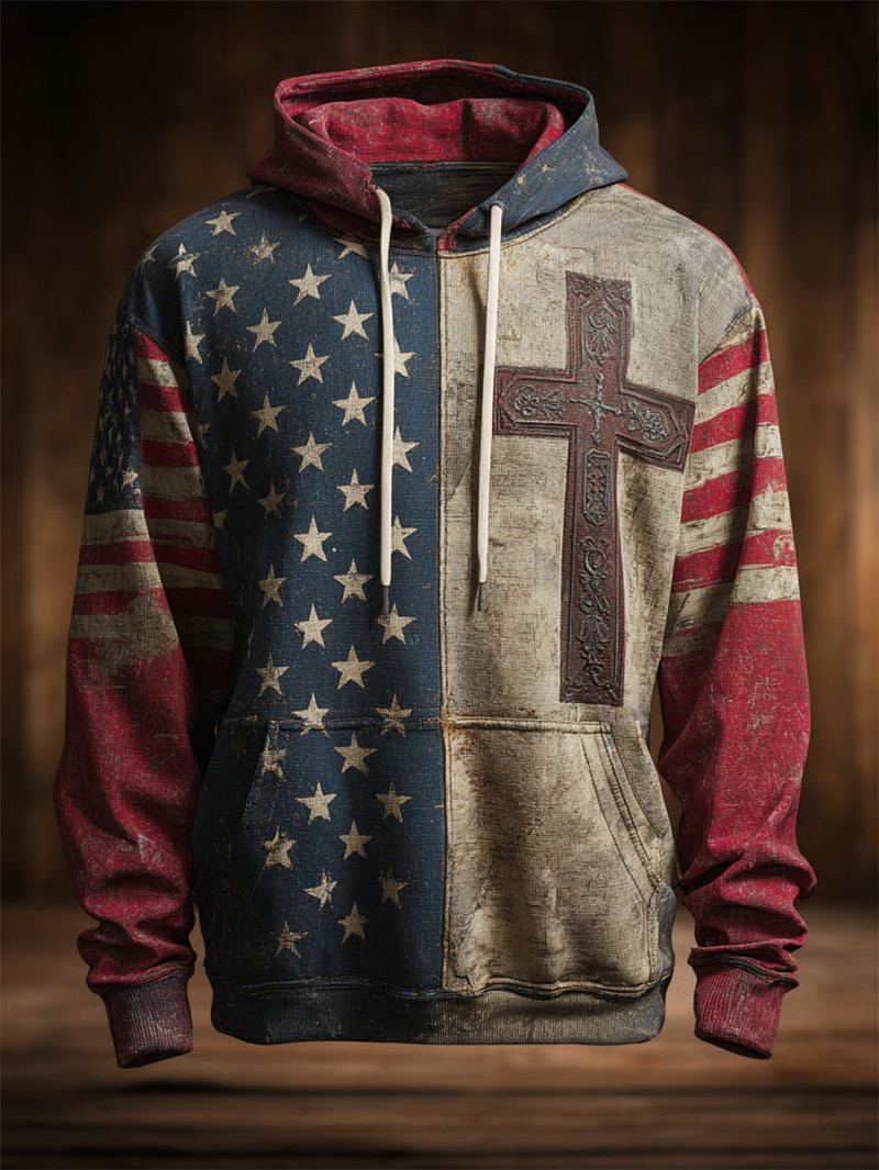 American Flag Vintage Cross Hoodie Christian Faith Patriotic USA Apparel Best Gift For Believers