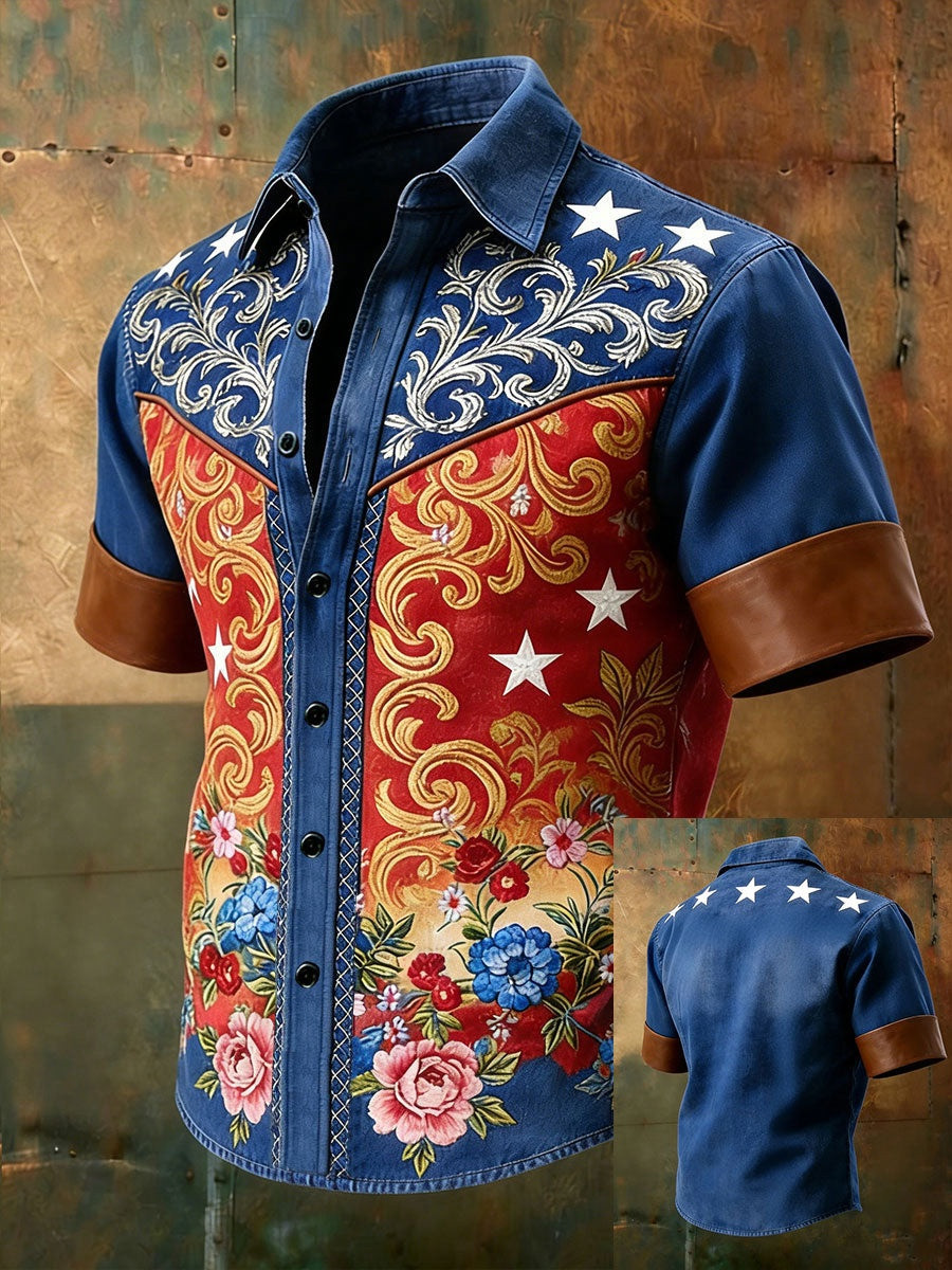 American Floral Western Button Up Shirt Mens Shirts 250th Anniversary Patriotic Apparel Gift