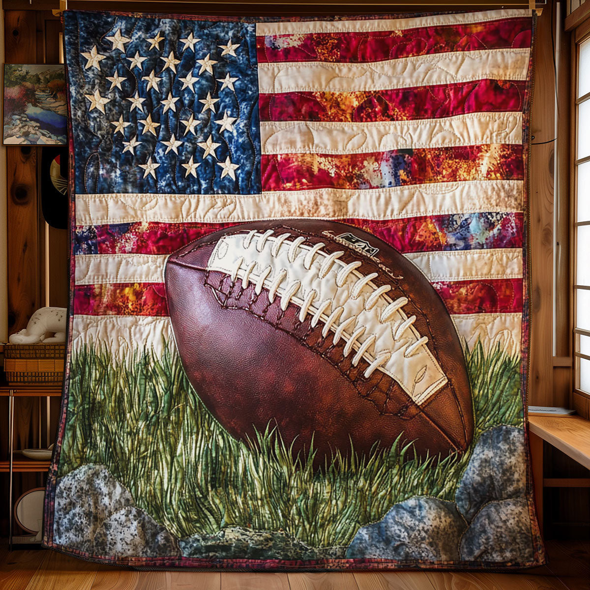American Football Quilt Blanket USA Flag Patriotic Best Presents For Football Fans