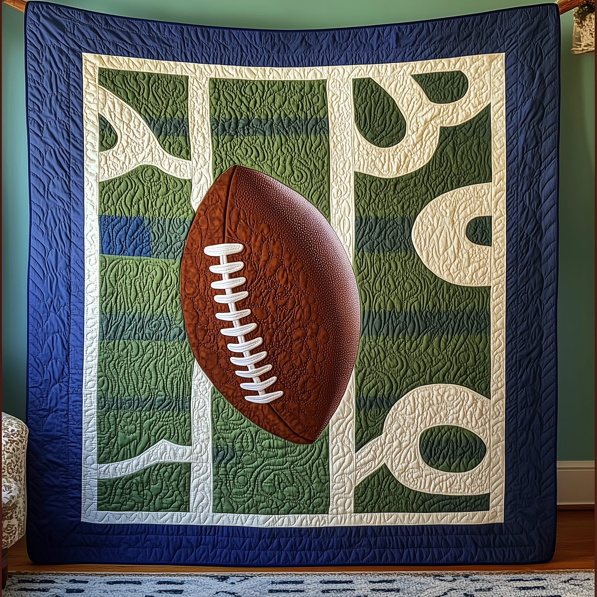 American Football Sport Motif Quilted Blanket Rugby Ball Presents For Football Players