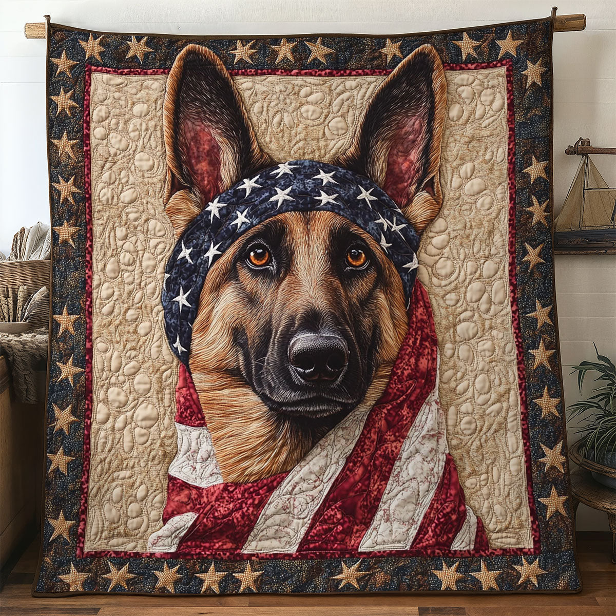 American German Shepherd Quilt Blanket USA Flag 4th Of July Themed Patriotic Gifts For German Shepherd Dog
