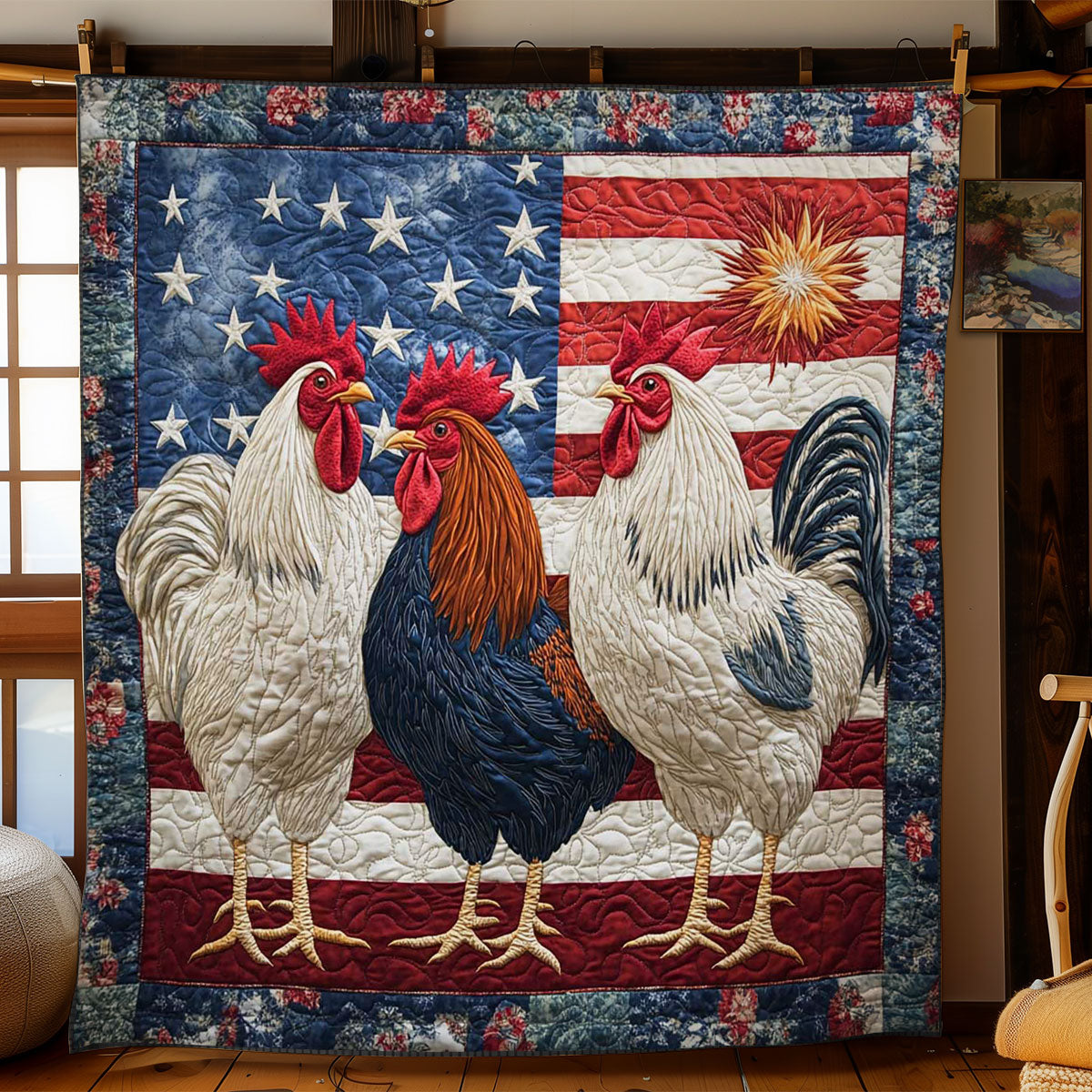 American Heritage Rooster Quilt Blanket USA Flag Patriotic Gifts For Chicken Owners